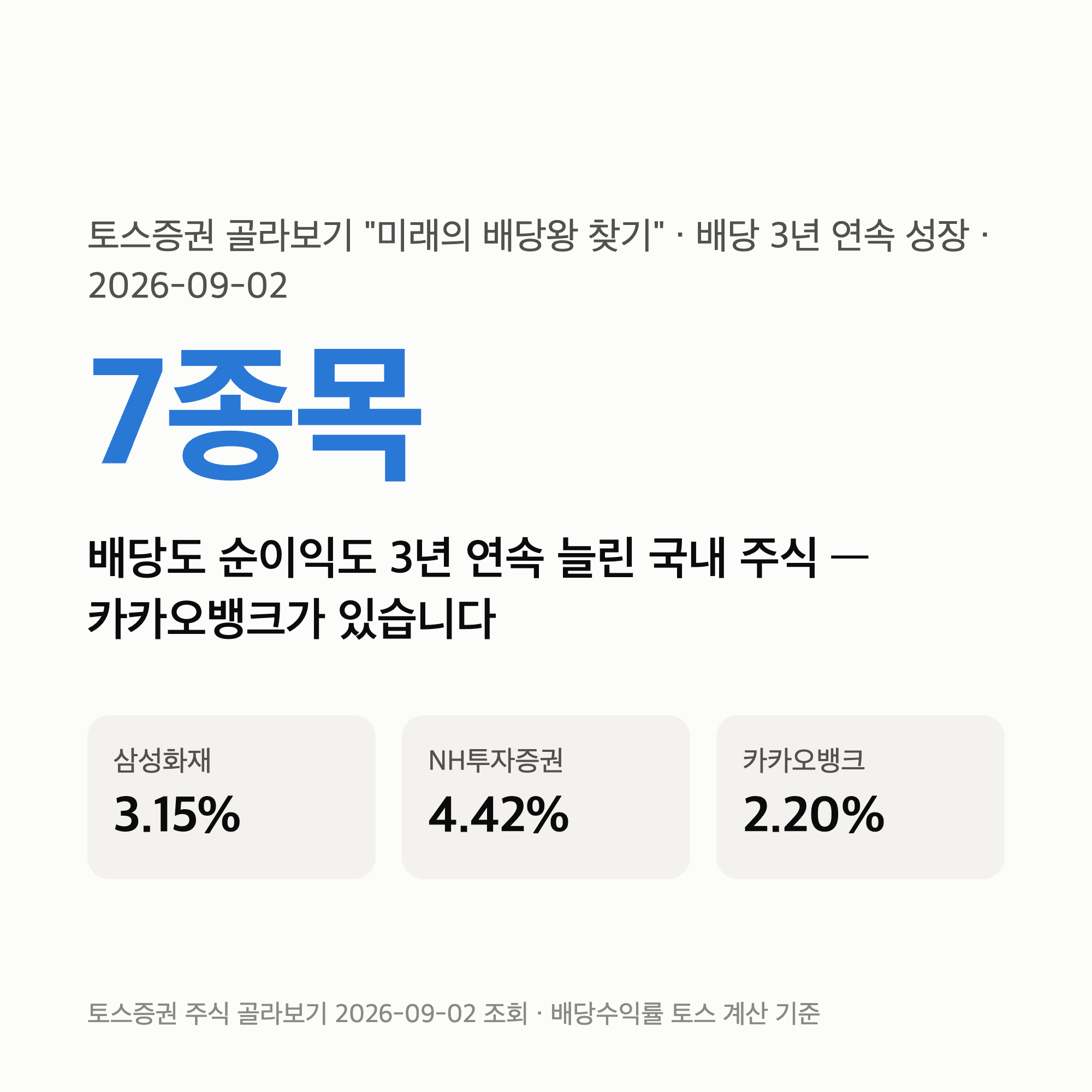 미래의 배당왕 7종목 — 배당을 3년 연속 늘린 회사에 카카오뱅크가 있습니다